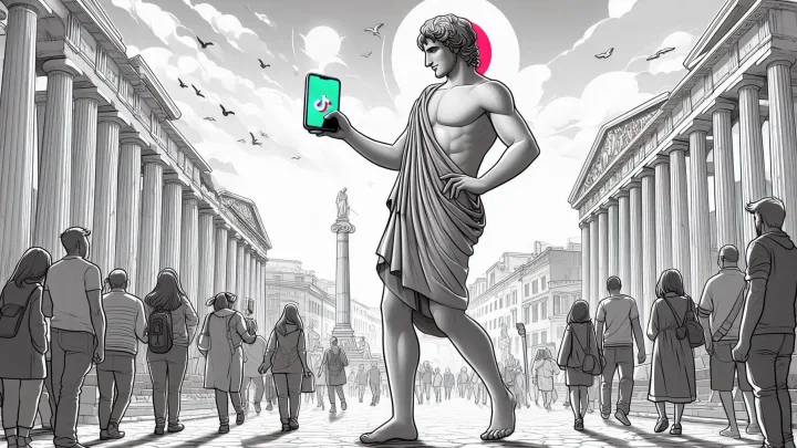 Greek god walking through ancient Athens, filming himself with a smartphone streaming rig, as people on the street look on in amazement.