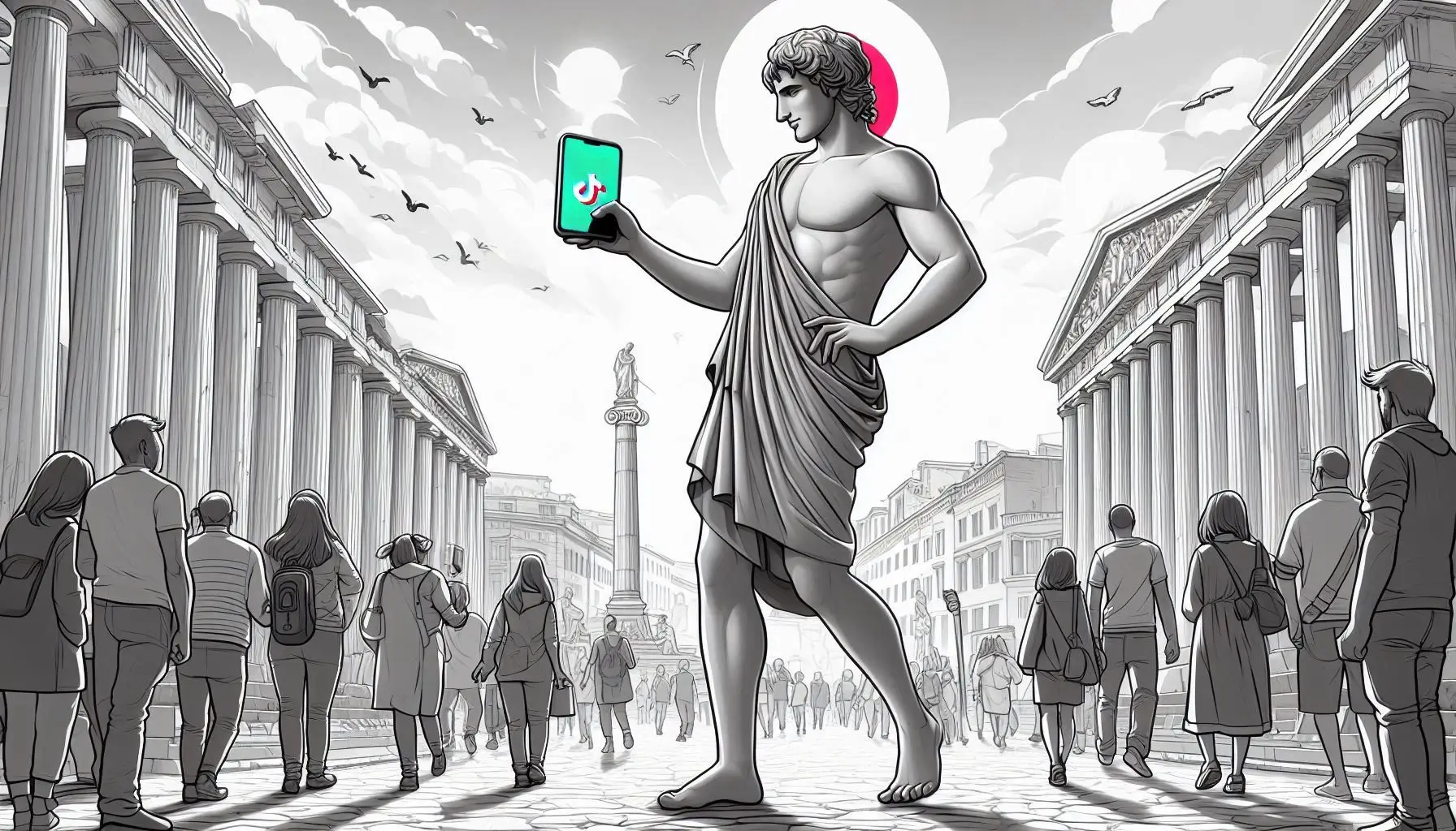 Greek god walking through ancient Athens, filming himself with a smartphone streaming rig, as people on the street look on in amazement.