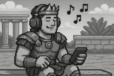 Mascot Booster from MarketingMediaSocial, sitting with a smartphone listening to Spotify